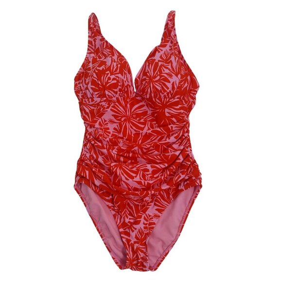 Ellen Tracy One-Piece Swimsuit Size 8 Pink Red Tropical Floral Ruched V-Neck. - Picture 1 of 6